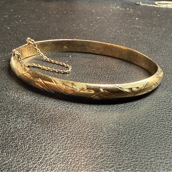 Paj Jewelry - Vintage Sterling Silver Vermeil Etched Bangle Bracelet PAJ Safety Chain 6 3/4"